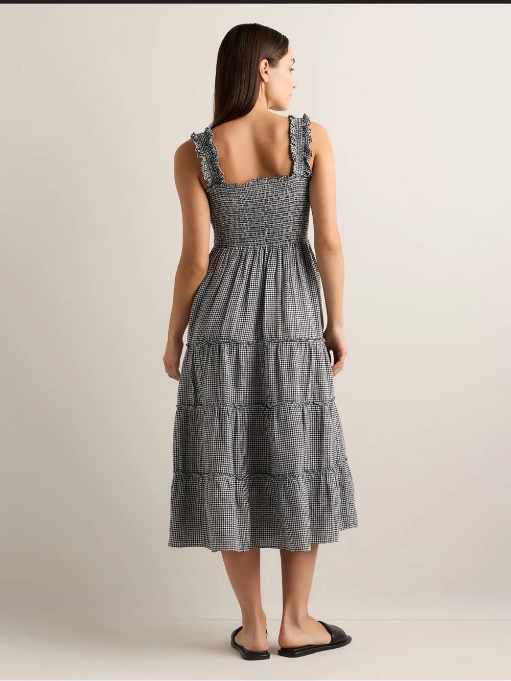 Quince 100% European Linen Smocked Midi Dress - Min Gingham Black/White - Picture 3 of 5